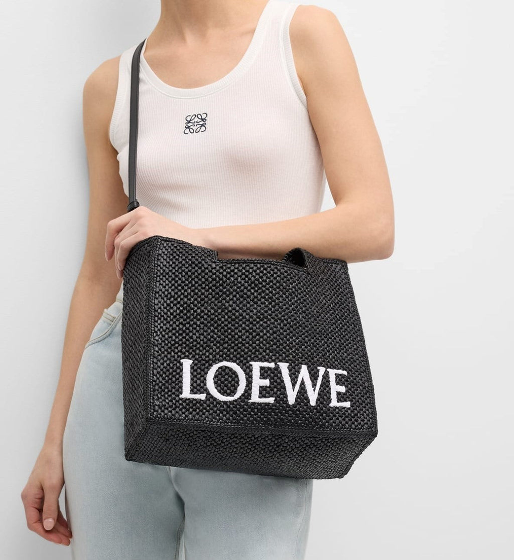 Loewe Logo Raffia Tote Bag - Black