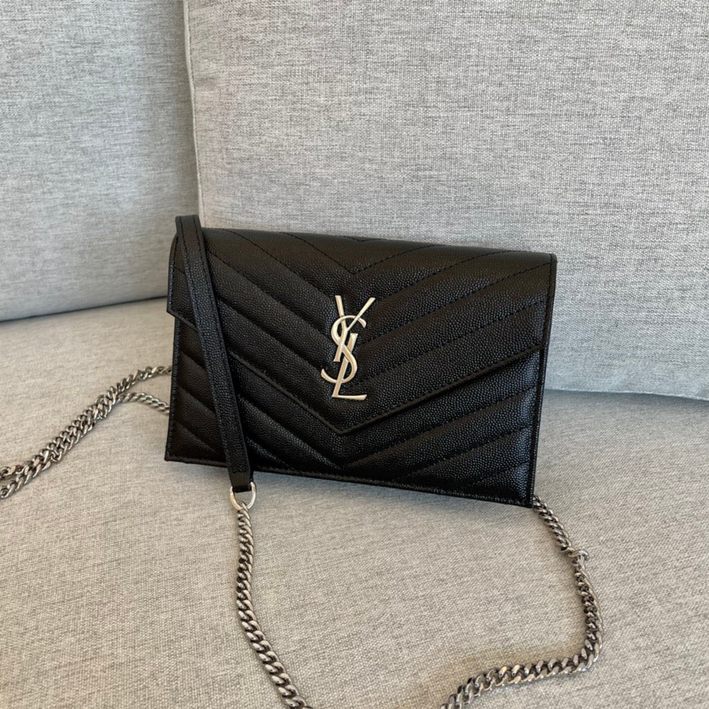 YSL Cassandre Envelope Chain Wallet Black Grain Leather