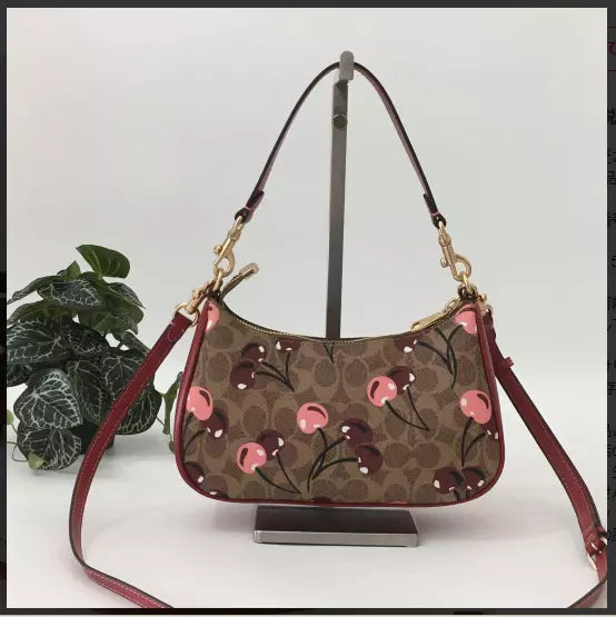 Teri Shoulder Bag Signature Canvas Cherry Print - Tan | Cherry