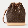 LV Noé Monogram Canvas Bucket Shoulder Bag with Leather Trim and Drawstring Closure - Brown