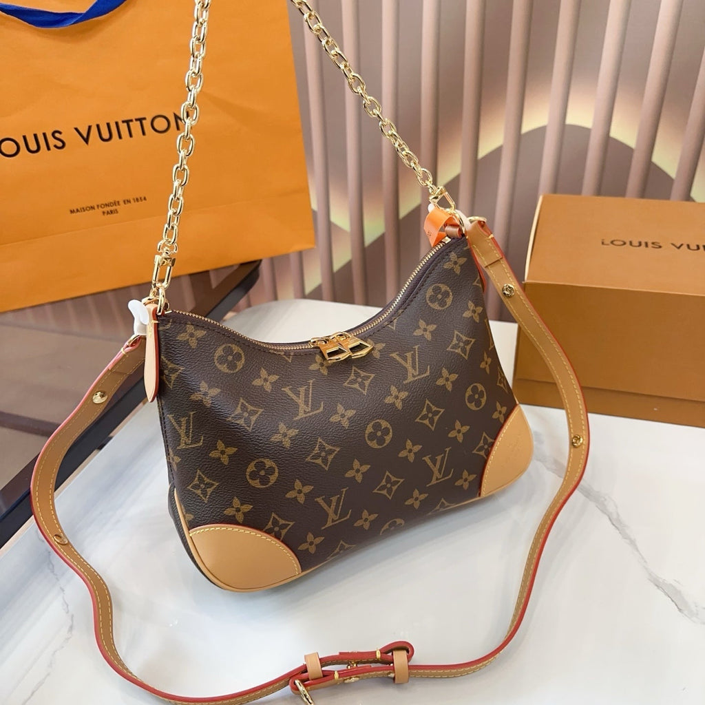LV Boulogne Monogram Canvas Shoulder Crossbody Bag with Chain Strap and Leather Corners