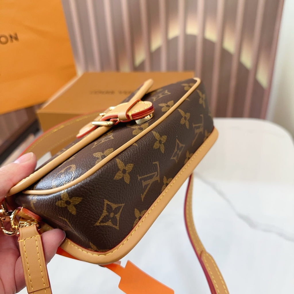 LV Diane PM Monogram Canvas Shoulder Crossbody Bag with Leather Trim and Adjustable Strap