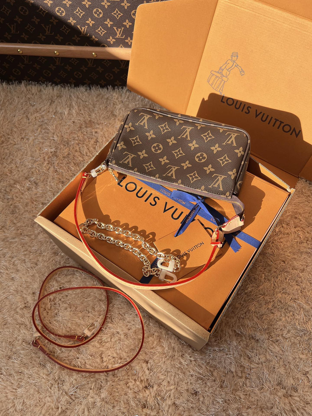 LV Pochette Accessoires Monogram Canvas Shoulder Crossbody Bag with Leather Strap