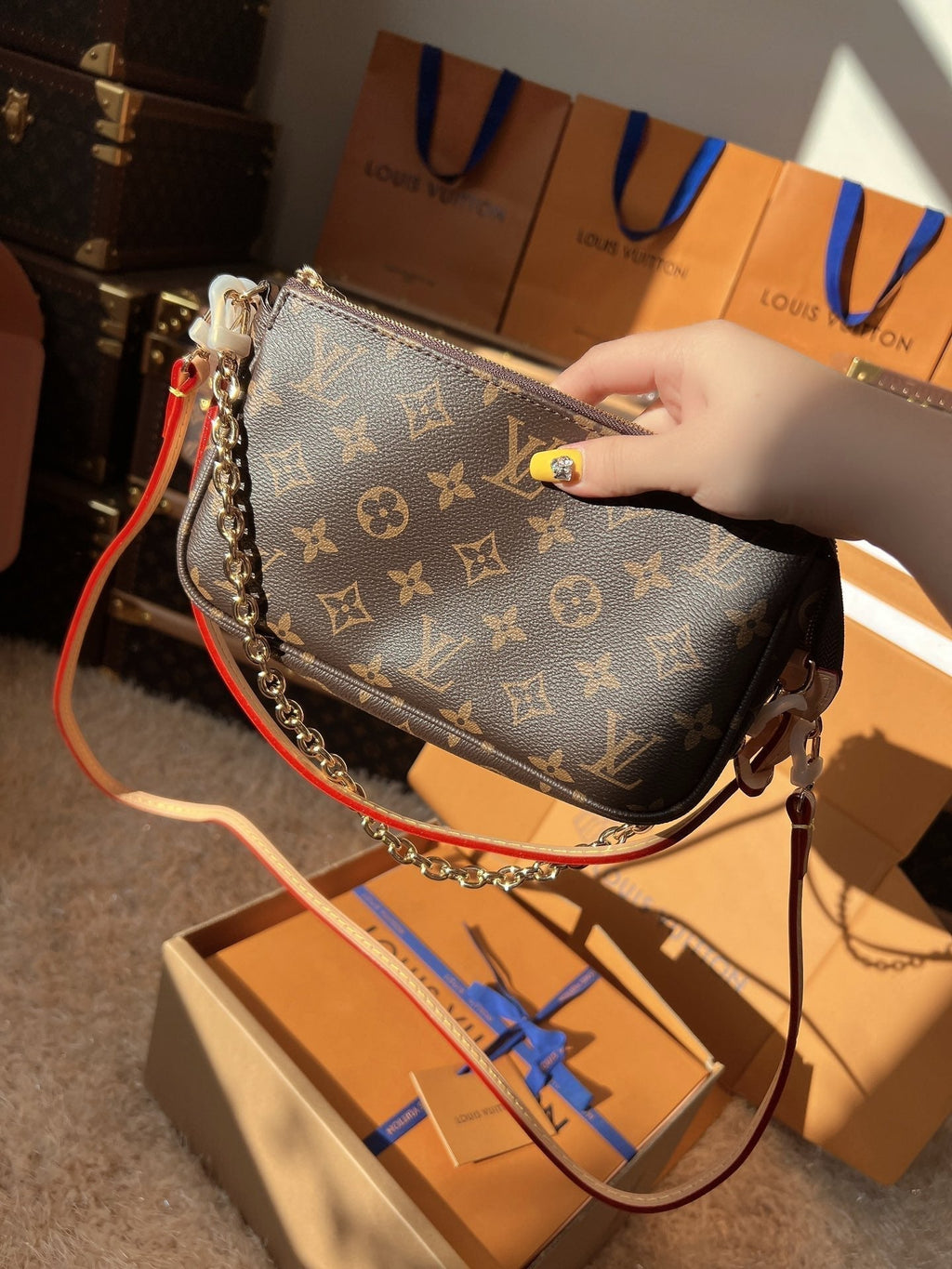 LV Pochette Accessoires Monogram Canvas Shoulder Crossbody Bag with Leather Strap