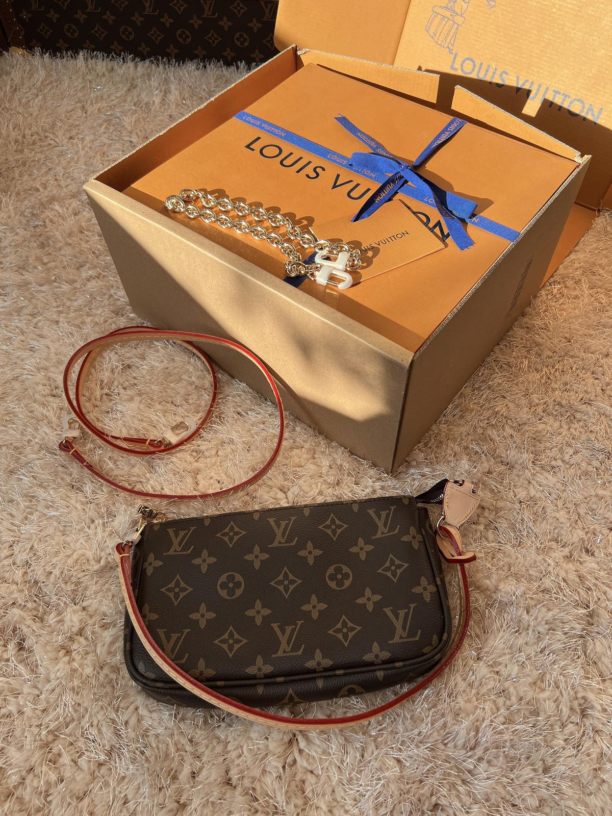 LV Pochette Accessoires Monogram Canvas Shoulder Crossbody Bag with Leather Strap