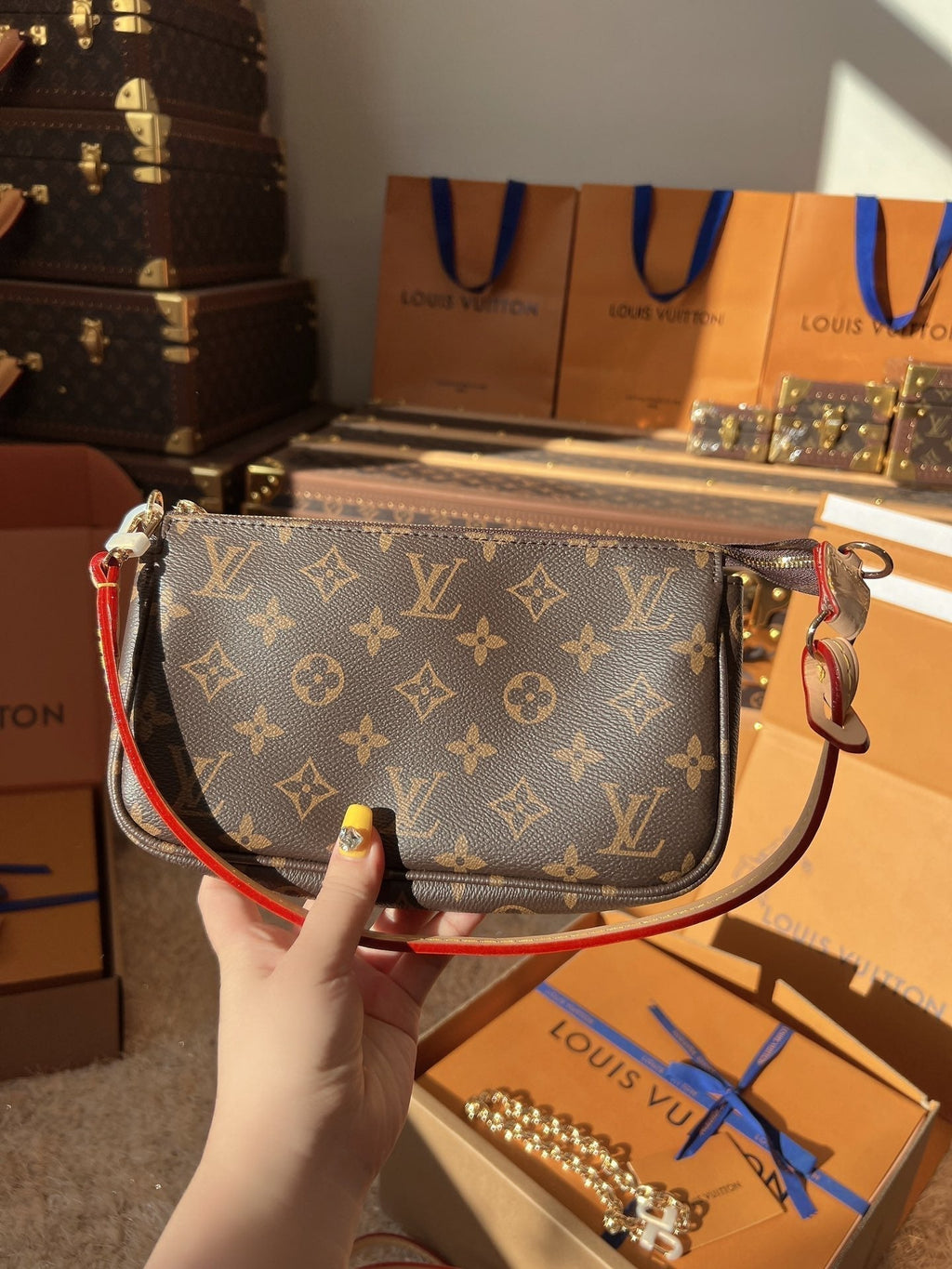 LV Pochette Accessoires Monogram Canvas Shoulder Crossbody Bag with Leather Strap