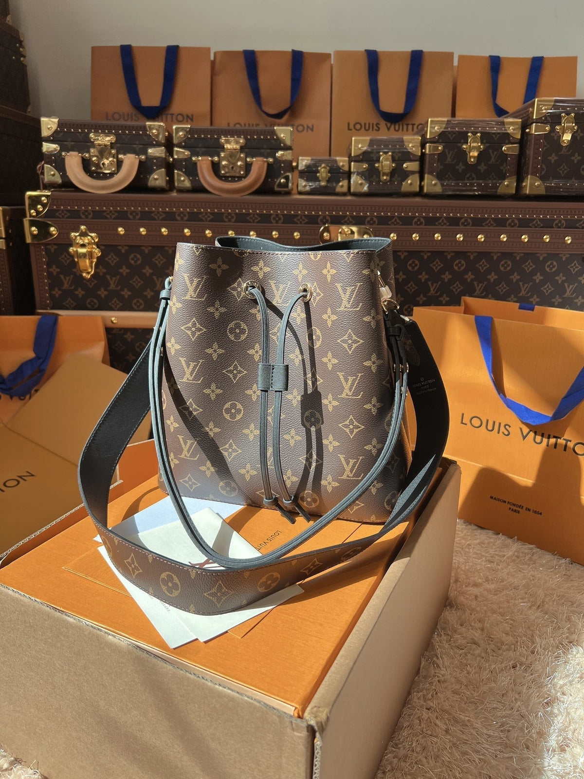 LV Neonoé Monogram Canvas Bucket Shoulder Bag with Leather Trim and Adjustable Strap 26 cm