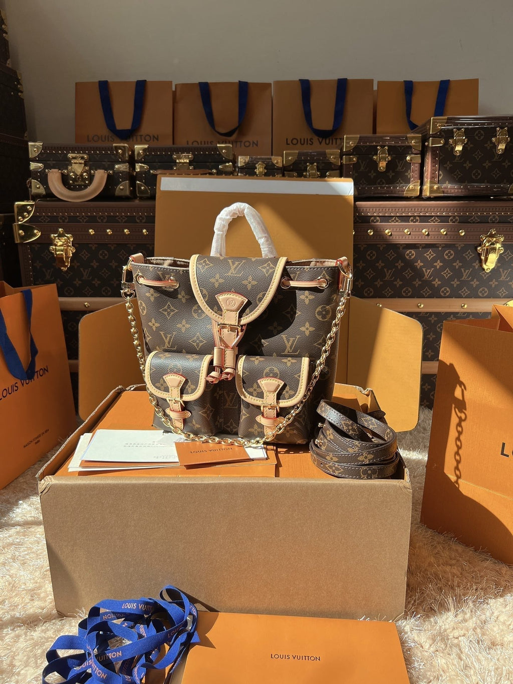 LV Excursion PM Monogram Canvas Backpack Shoulder Bag with Leather Trim and Drawstring Closure