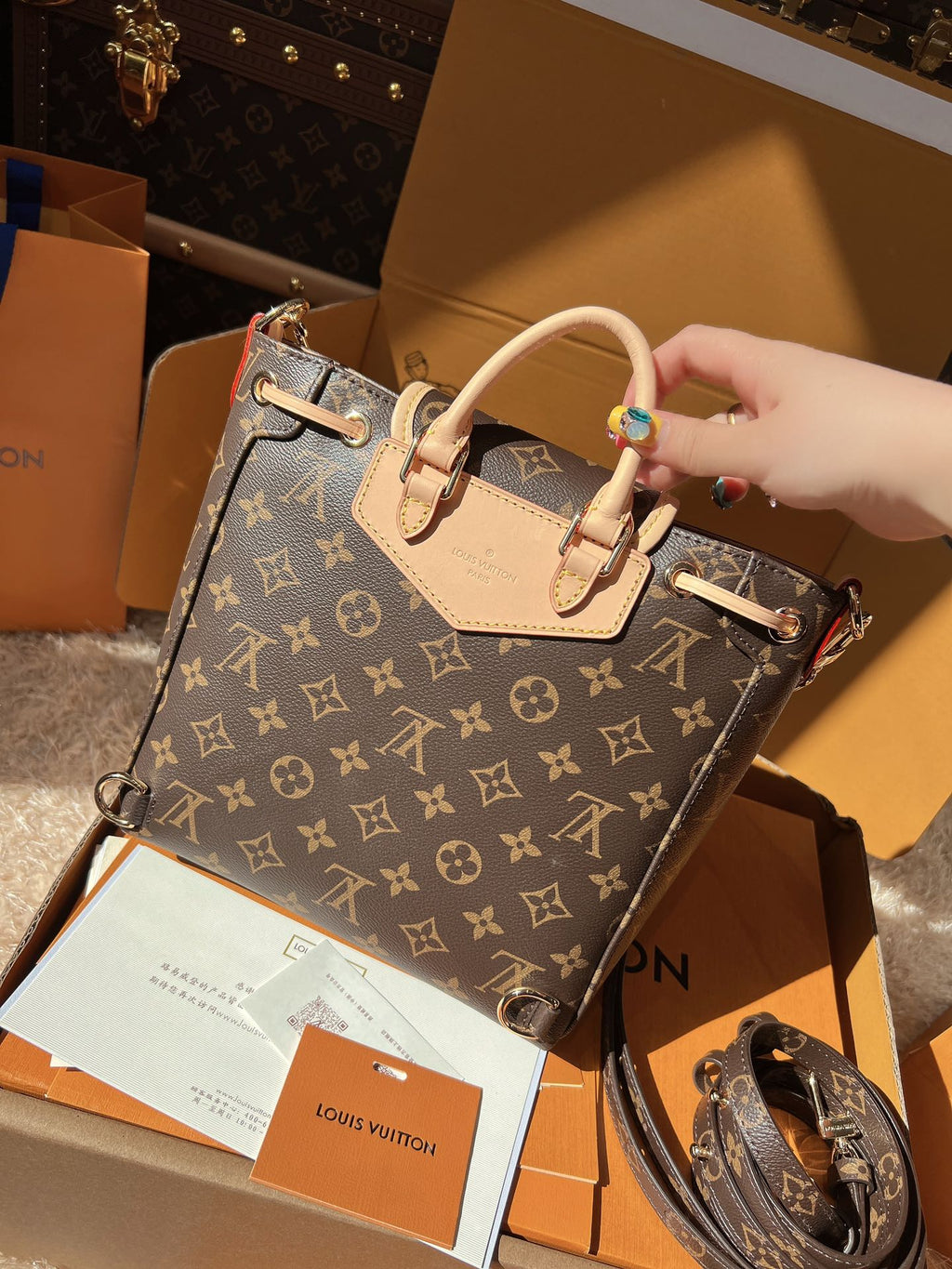 LV Excursion PM Monogram Canvas Backpack Shoulder Bag with Leather Trim and Drawstring Closure