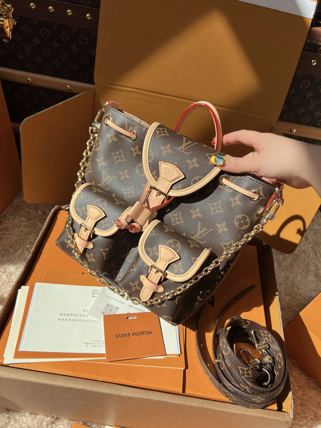 LV Excursion PM Monogram Canvas Backpack Shoulder Bag with Leather Trim and Drawstring Closure