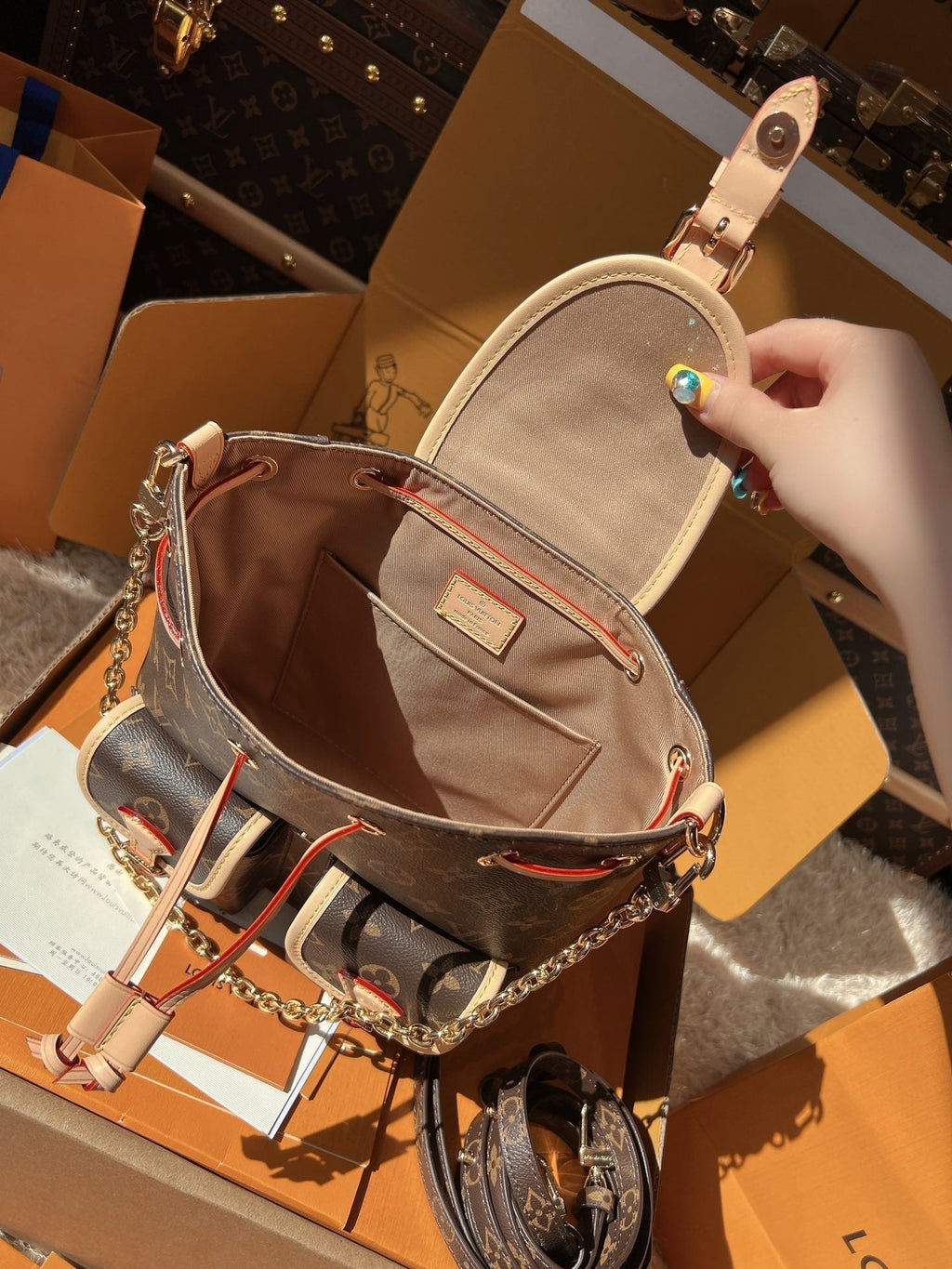 LV Excursion PM Monogram Canvas Backpack Shoulder Bag with Leather Trim and Drawstring Closure