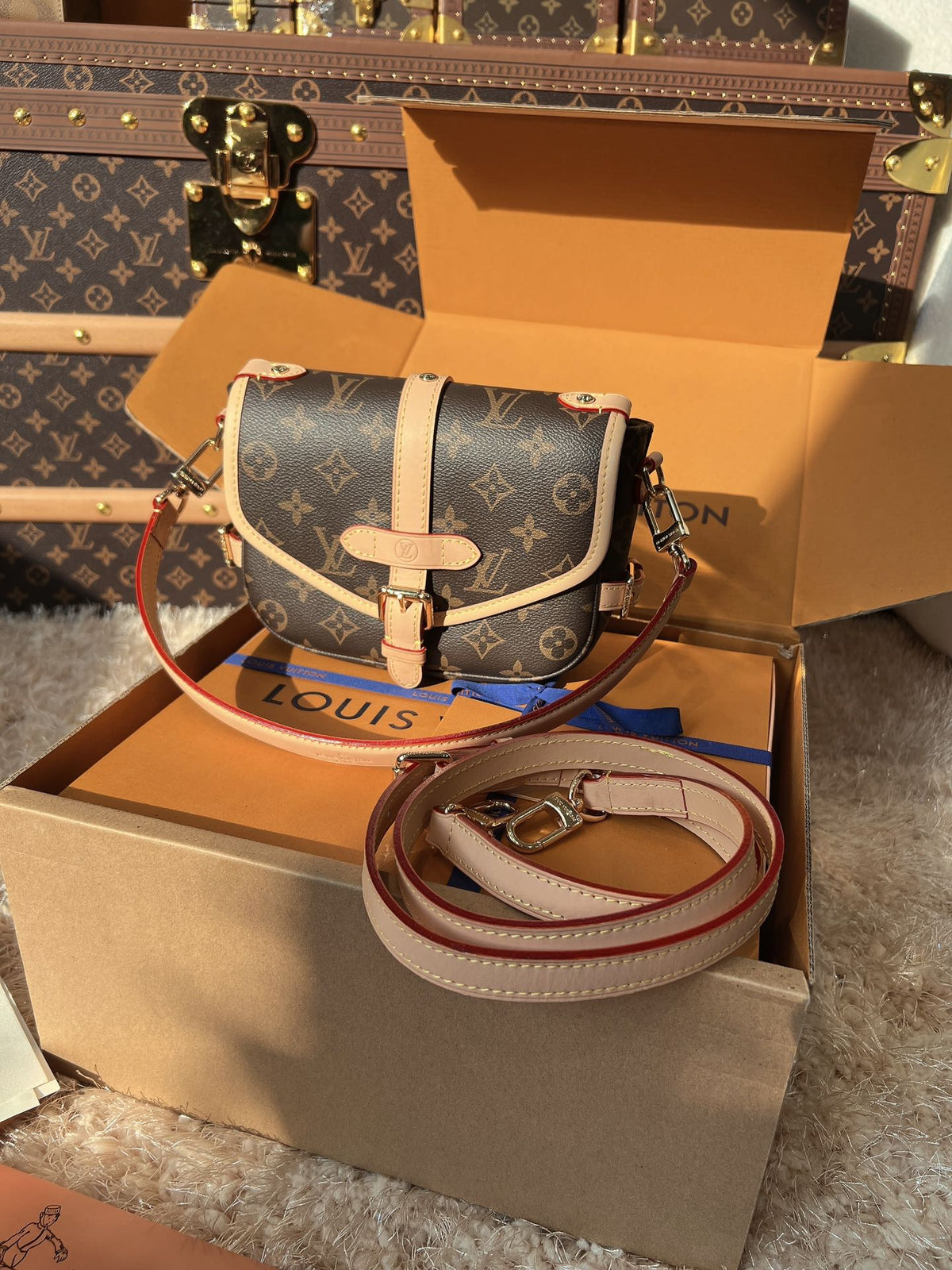 LV Saumur BB Monogram Canvas Crossbody Bag with Leather Trim and Adjustable Strap
