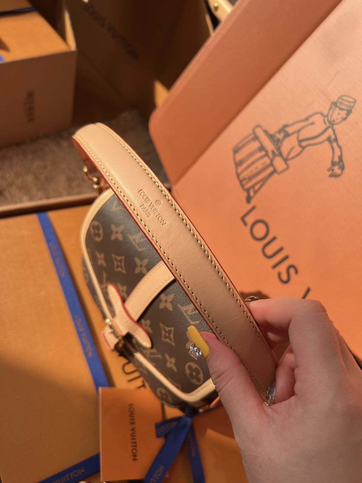 LV Saumur BB Monogram Canvas Crossbody Bag with Leather Trim and Adjustable Strap