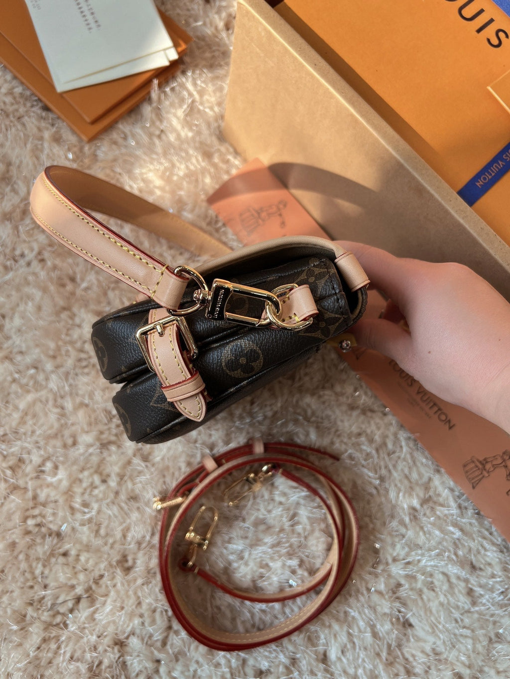 LV Saumur BB Monogram Canvas Crossbody Bag with Leather Trim and Adjustable Strap