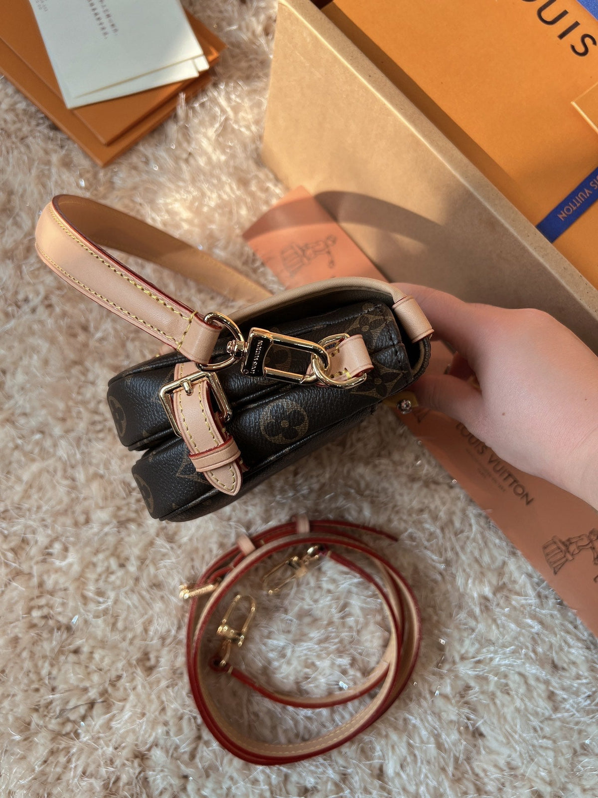 LV Saumur BB Monogram Canvas Crossbody Bag with Leather Trim and Adjustable Strap