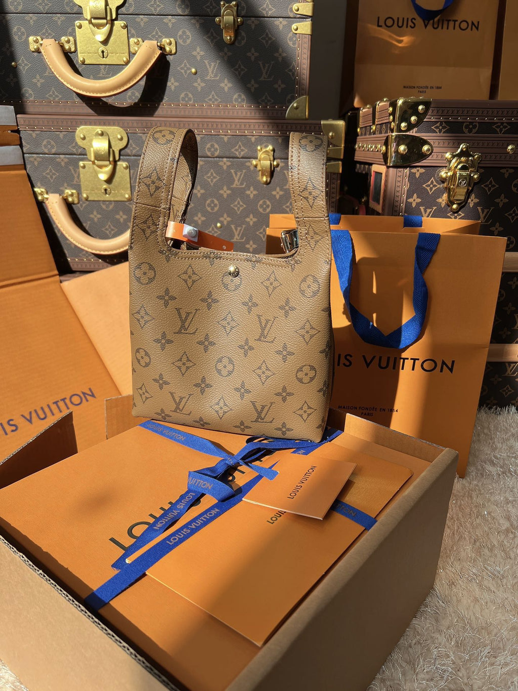 LV Sac Plat MM Monogram Reverse Tote with Black Leather Trim