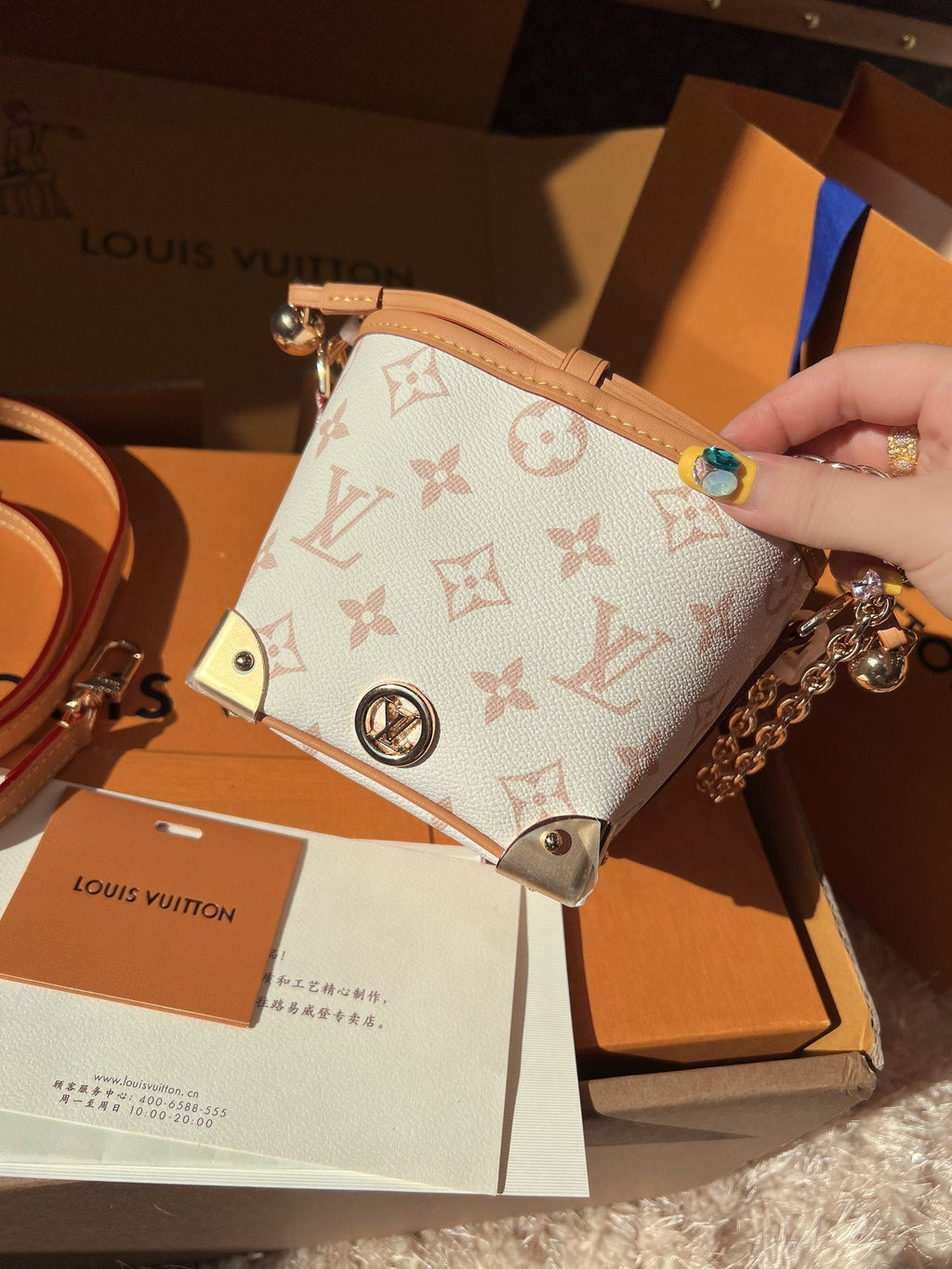 LV Nano Noé Monogram Canvas Mini Bucket Shoulder Bag with Chain Strap and Leather Trim
