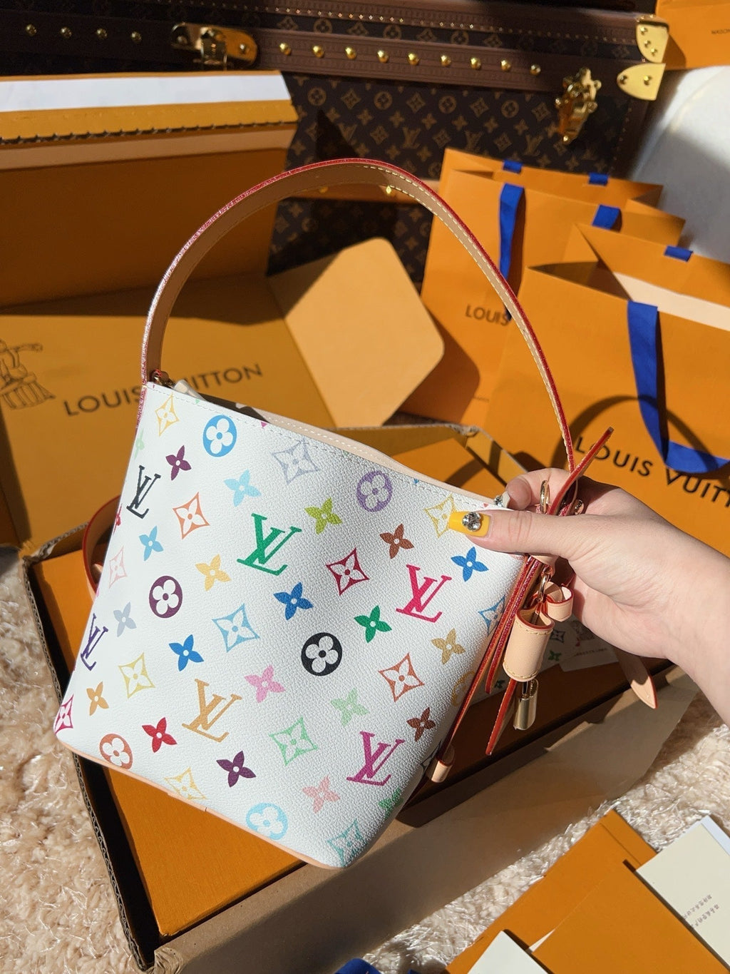 LV Neverfull MM Multicolor Monogram Canvas Tote Handle Bag with Leather Trim and Pouch