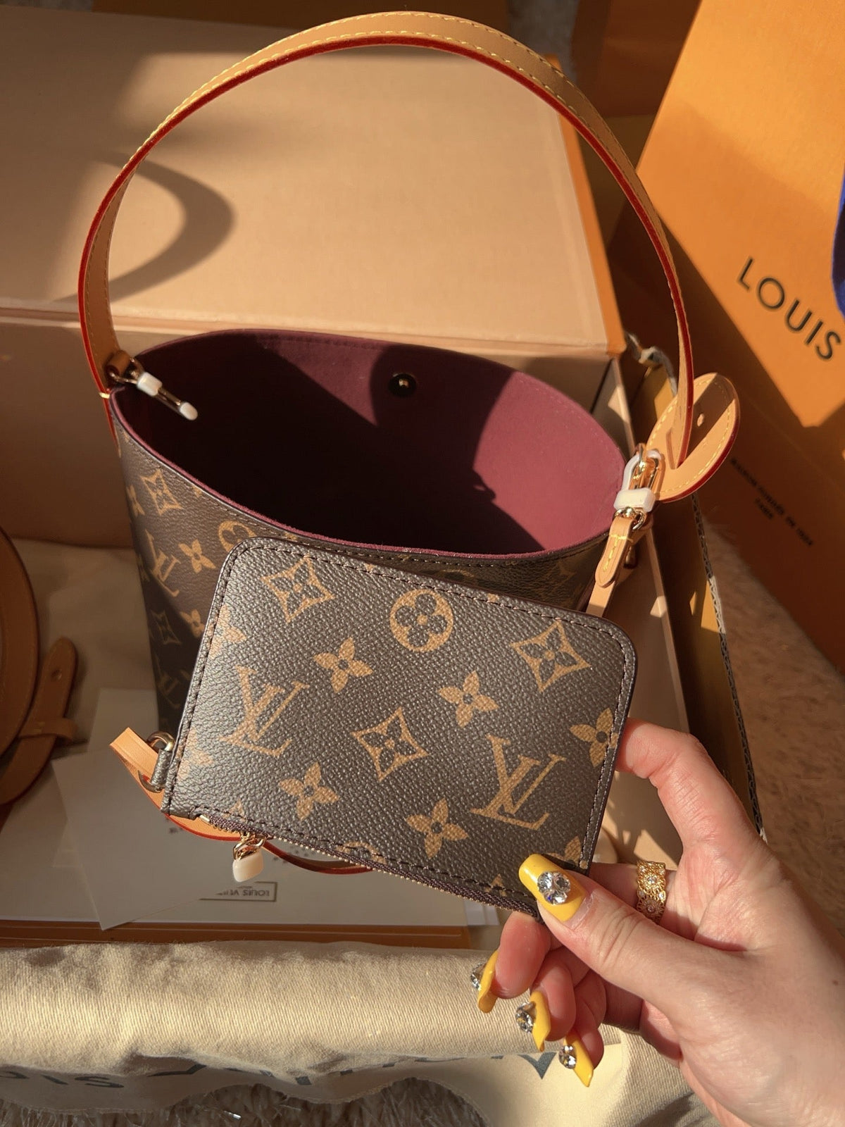 LV Sac Noé BB Monogram Canvas Bucket Shoulder Bag with Leather Trim and Drawstring Closure
