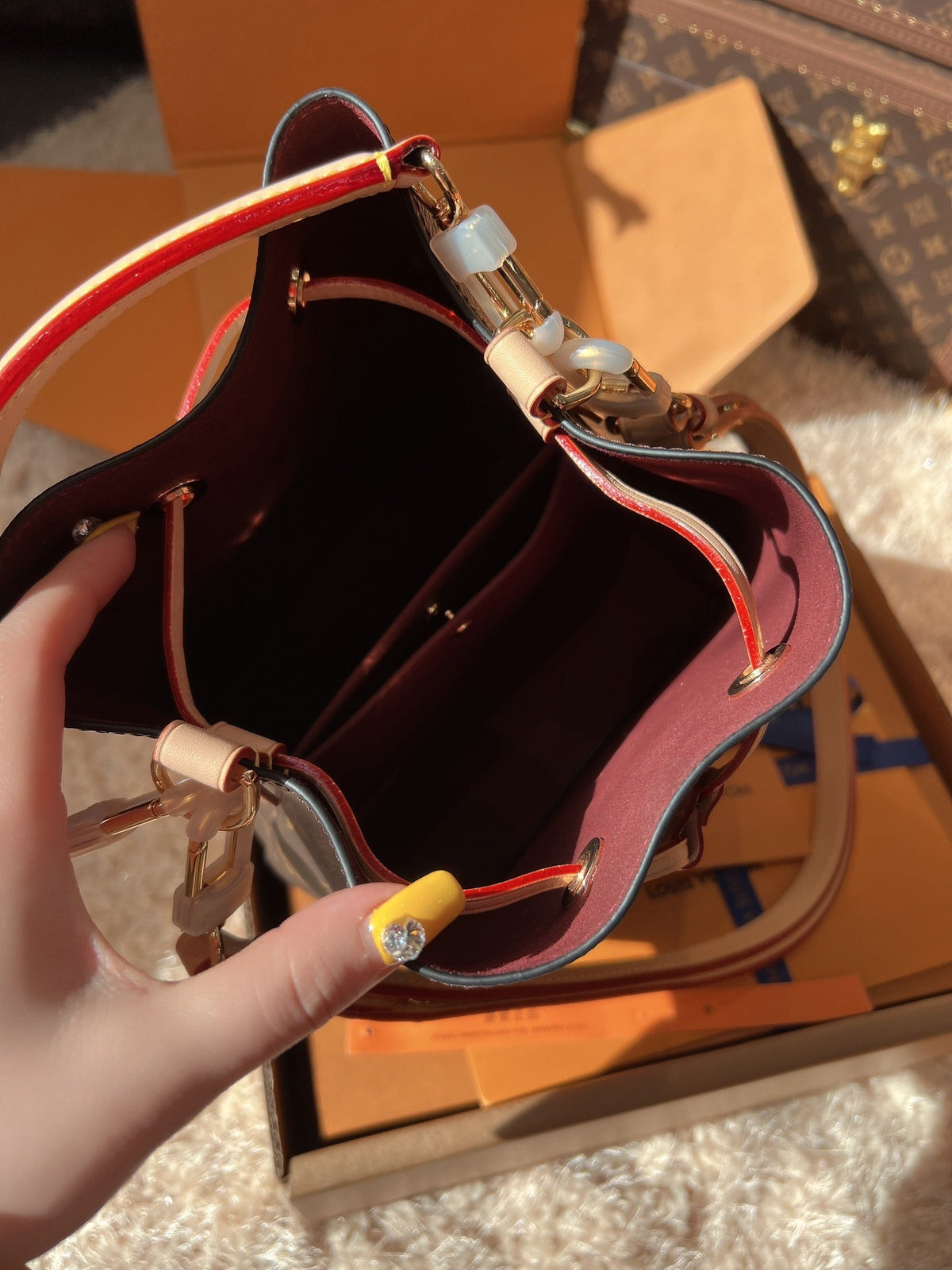 LV Neonoé Monogram Canvas Bucket Bag with Leather Trim and Shoulder Strap