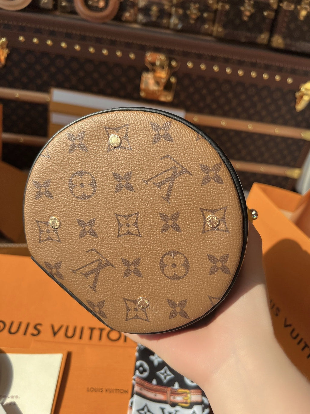 LV Cannes Monogram Reverse Canvas Round Top Handle Bag with Leather Trim and Shoulder Strap