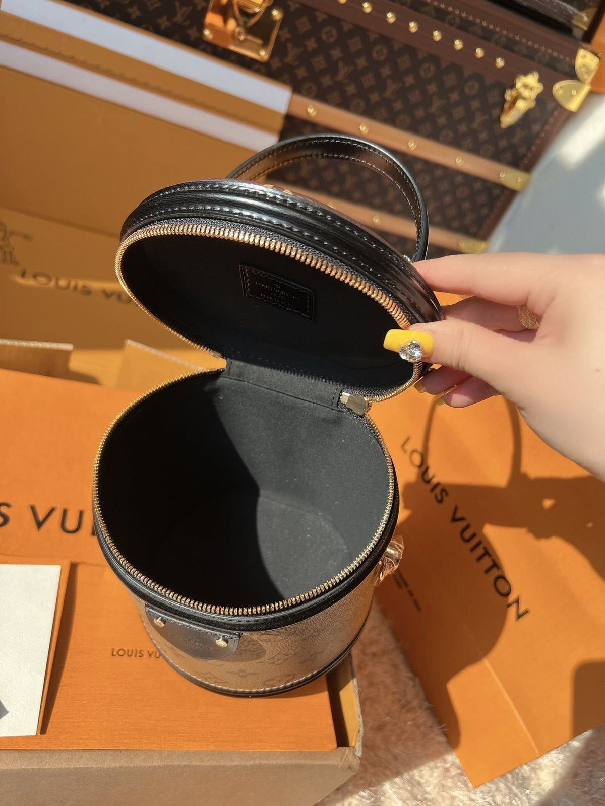 LV Cannes Monogram Reverse Canvas Round Top Handle Bag with Leather Trim and Shoulder Strap