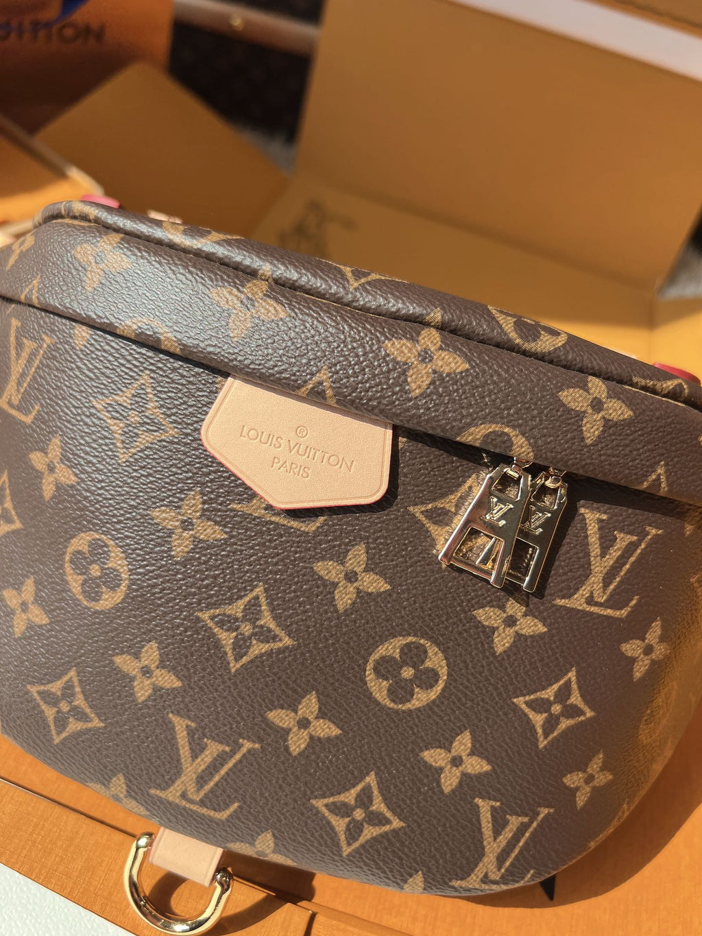 LV Bumbag Monogram Canvas Crossbody Belt Bag with Leather Trim and Adjustable Strap