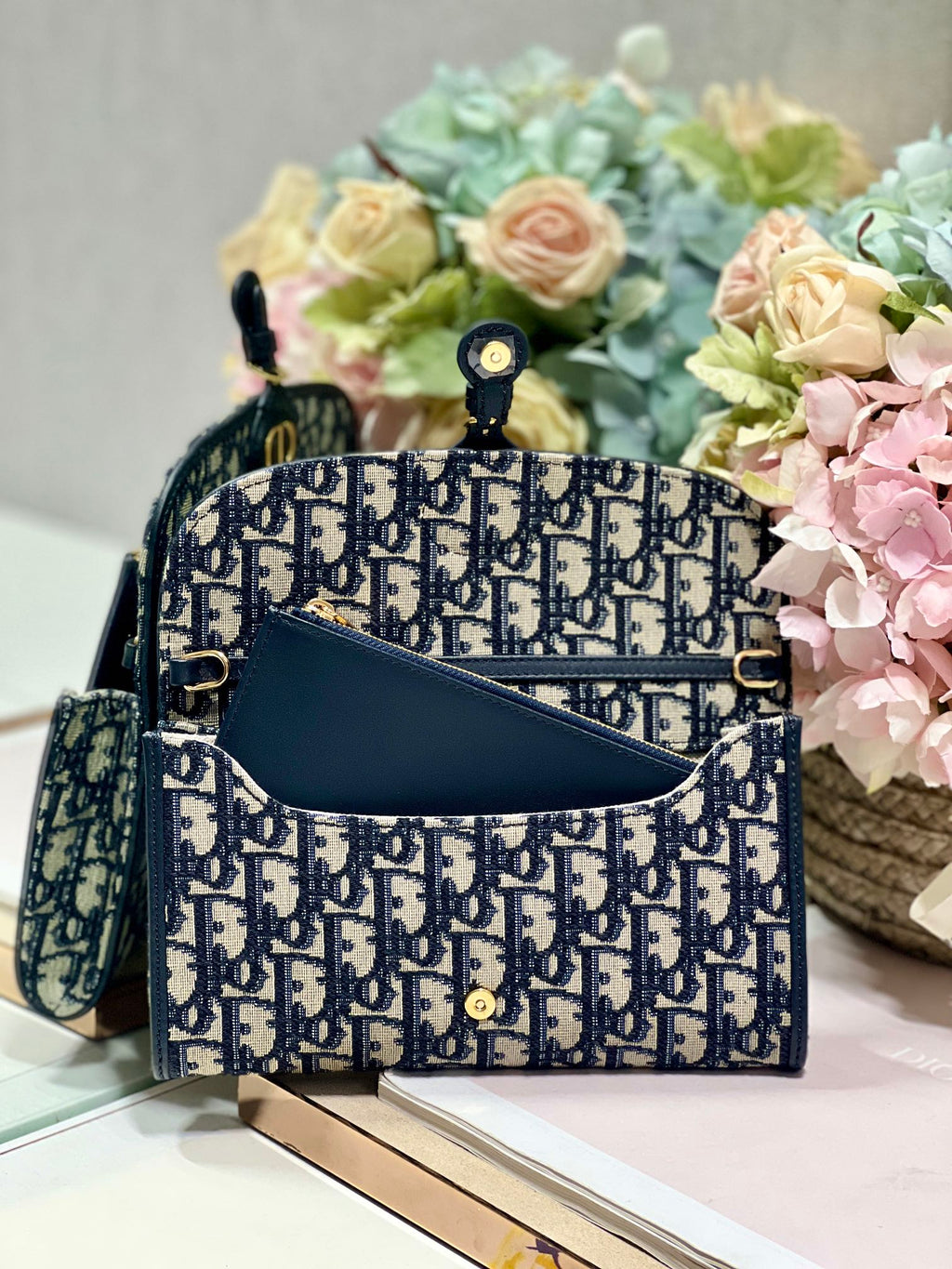 Dior Bobby Wallet On Chain East West Blue Oblique Jacquard