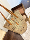 YSL Panier Medium in Raffia and Vegetable-Tanned Leather Tote Bag - Yellow