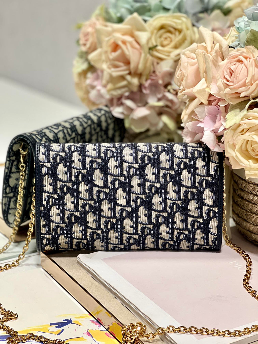Dior Bobby Wallet On Chain East West Blue Oblique Jacquard