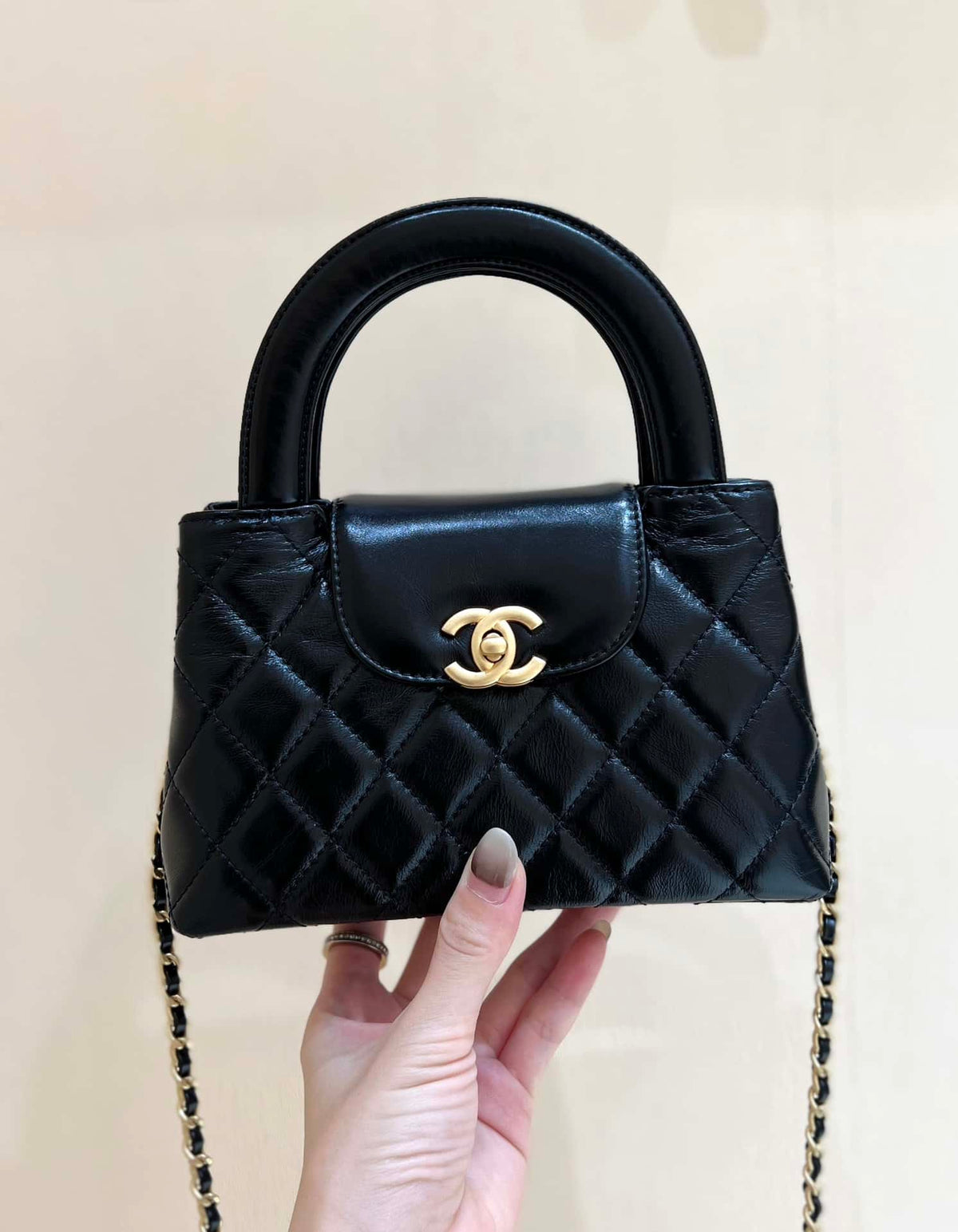 Chanel Kelly Mini Shopping Bag Mini 23K Shiny Aged Calfskin Black