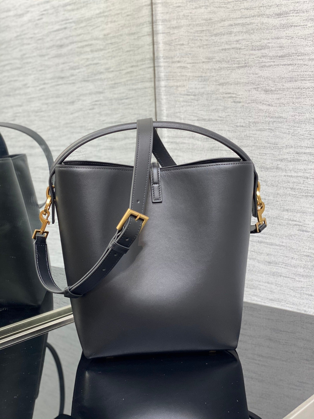 YSL Le 37 Black Shiny Leather Handle Shoulder Bag with YSL Charm and Adjustable Strap