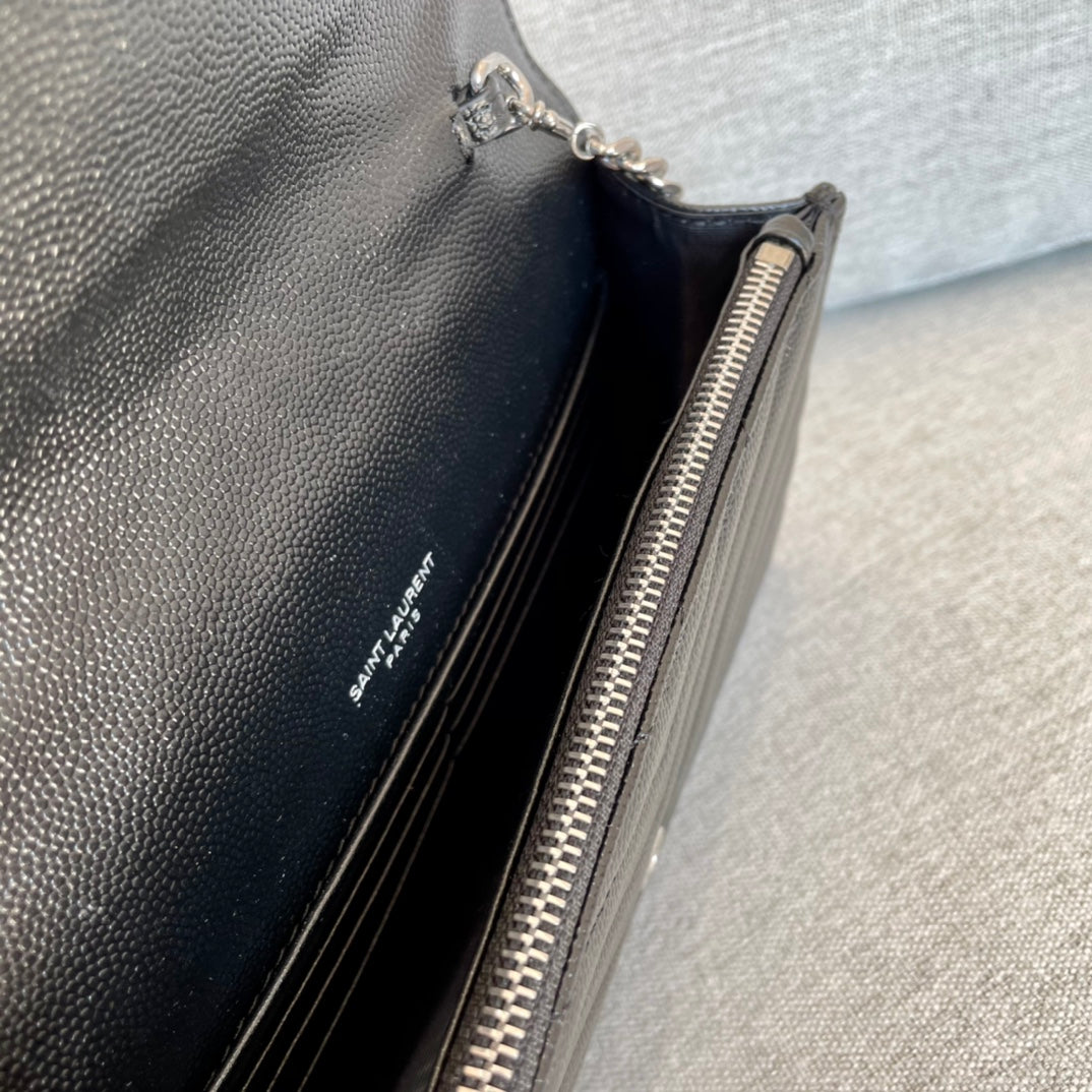 YSL Cassandre Envelope Chain Wallet Black Grain Leather