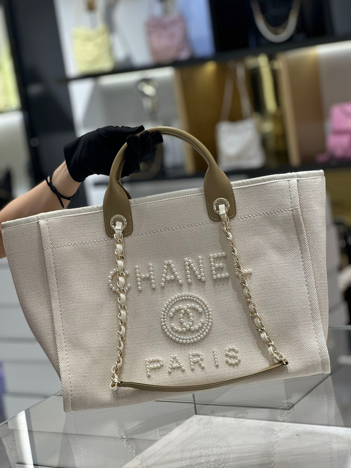 Chanel Natural Canvas and Tan Leather Large Pearl Deauville Tote