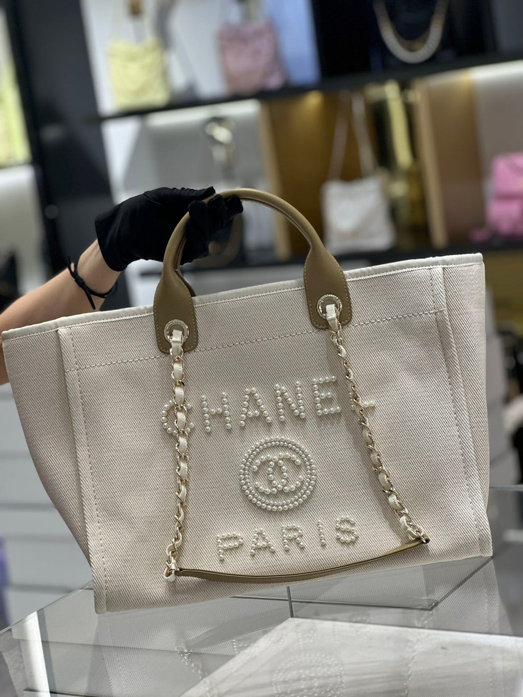 Chanel Natural Canvas and Tan Leather Large Pearl Deauville Tote