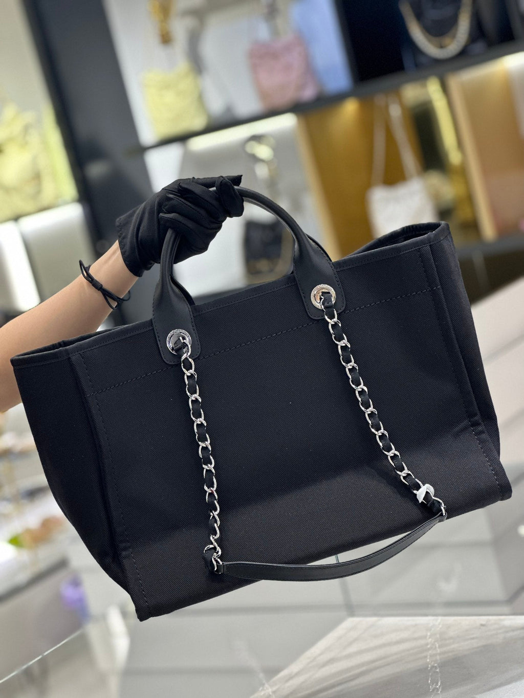 Chanel Natural Canvas and Black Leather Large Pearl Deauville Tote