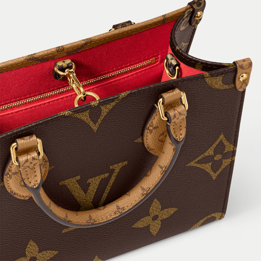 LV OnTheGo PM Monogram Reverse Canvas Tote Handle Bag with Double Handles and Adjustable Strap - Brown