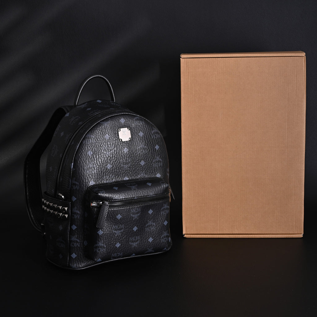 Mcm Stark Visetos Medium Backpack – Black Monogram with Studded Detailing - Black Monogram Print