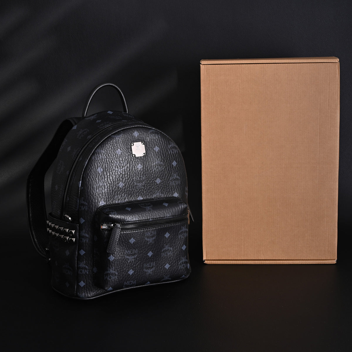 Mcm Stark Visetos Medium Backpack – Black Monogram with Studded Detailing - Black Monogram Print