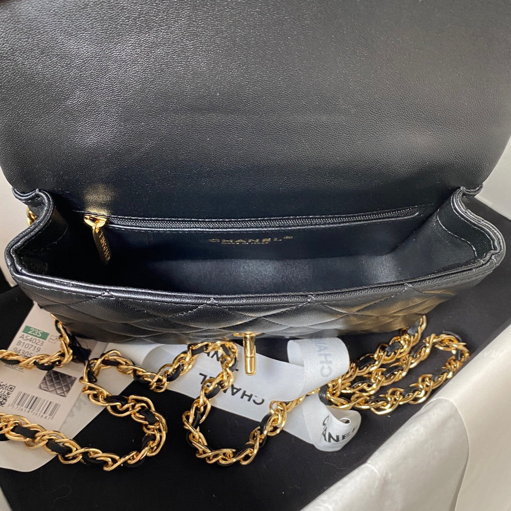 Chanel Flap Bag Gold Top Handle Black