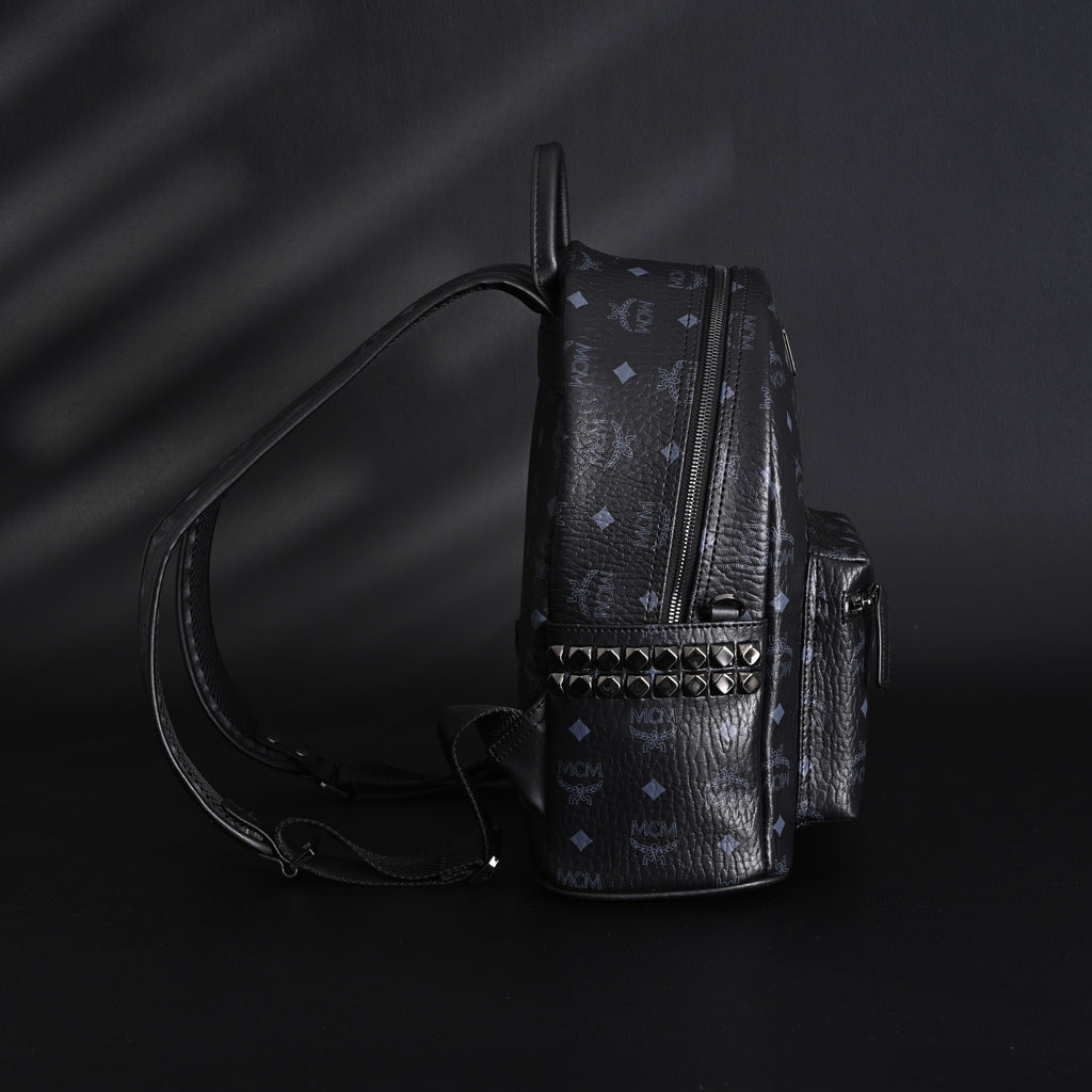 Mcm Stark Visetos Medium Backpack – Black Monogram with Studded Detailing - Black Monogram Print