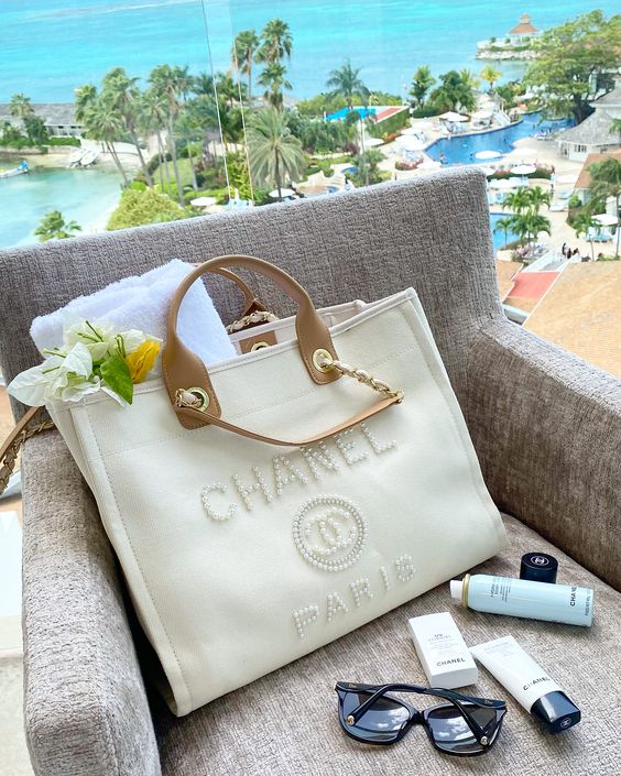 Chanel Pearl Deauville Tote Bag in Beige - White