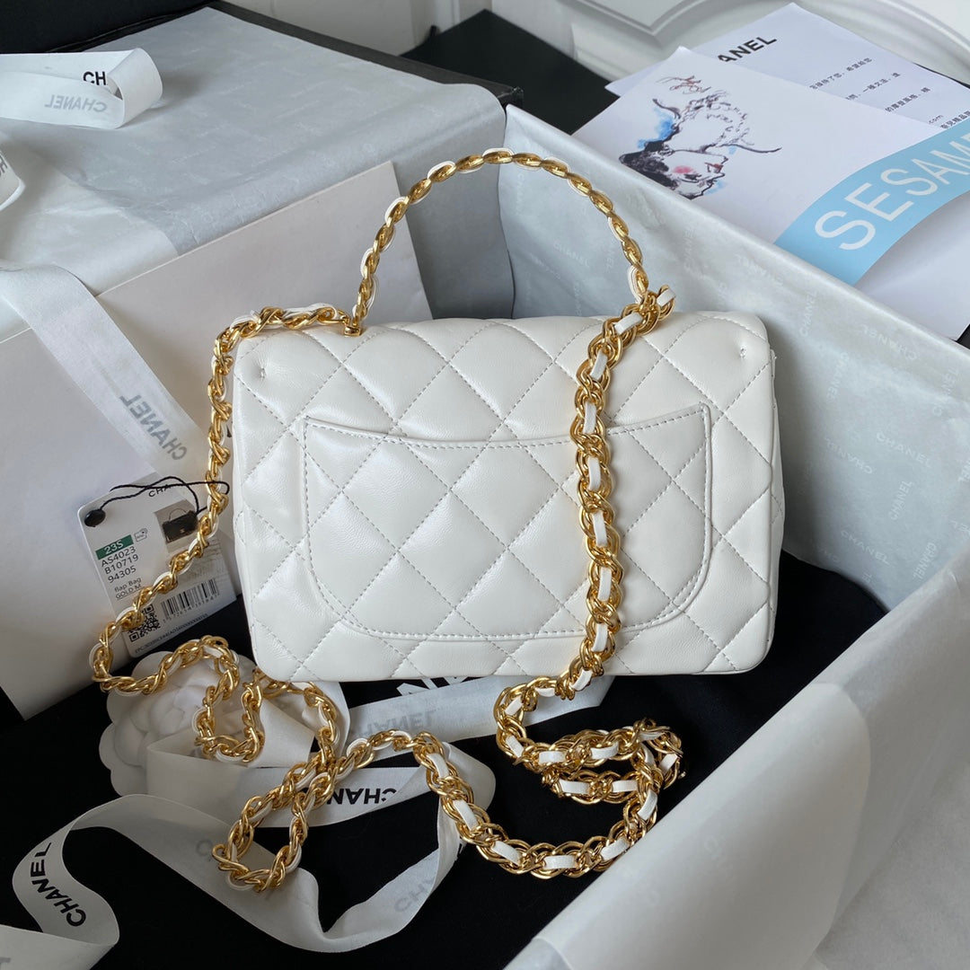 Chanel Flap Bag Gold Top Handle White