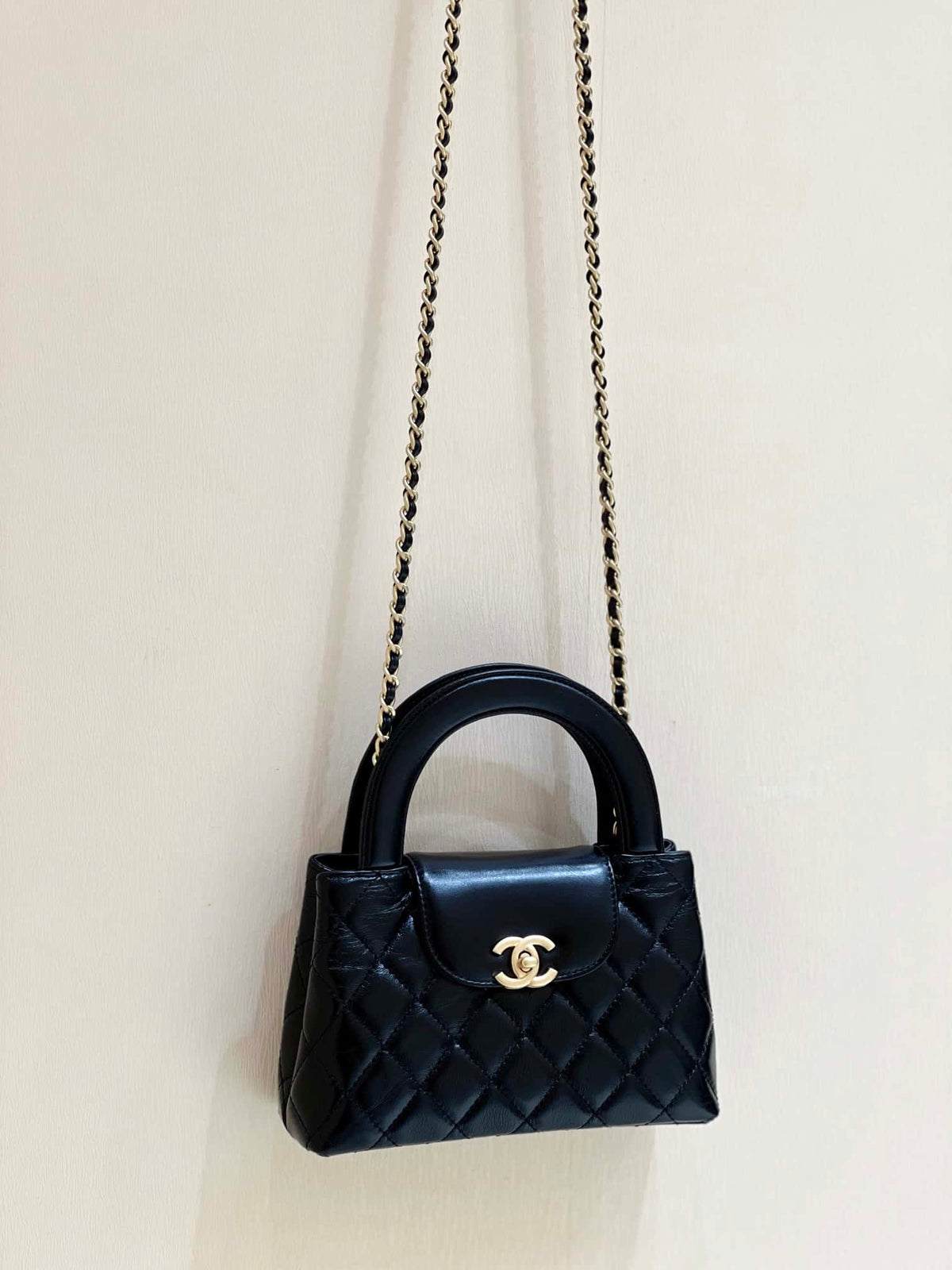 Chanel Kelly Mini Shopping Bag Mini 23K Shiny Aged Calfskin Black