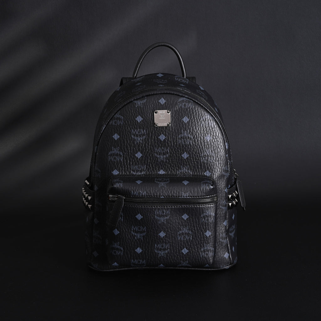 Mcm Stark Visetos Medium Backpack – Black Monogram with Studded Detailing - Black Monogram Print