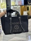 Chanel Natural Canvas and Black Leather Large Pearl Deauville Tote