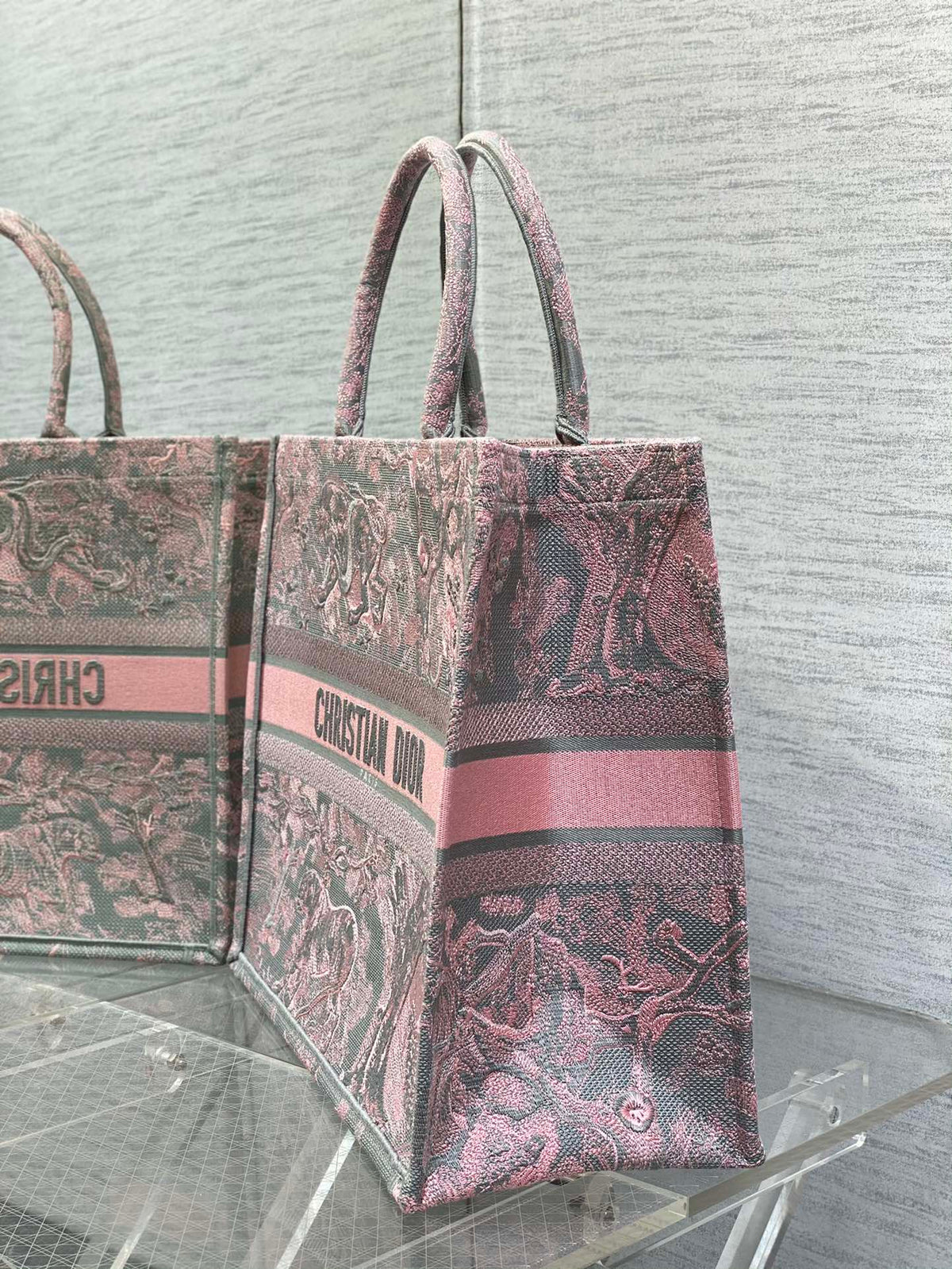 Dior Book Tote Large Gray and Pink Toile De Jouy Reverse Beverly Hills Embroidery