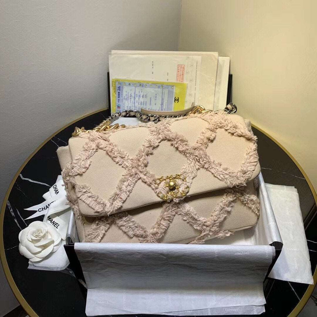 Chanel 19 Medium Denim Flap Bag Beige