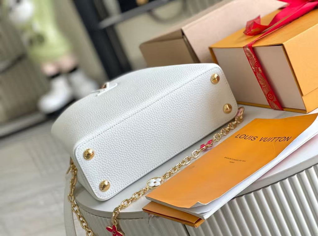 LV Capucines MM Taurillon Leather Handle Shoulder Bag with White Flower Strap