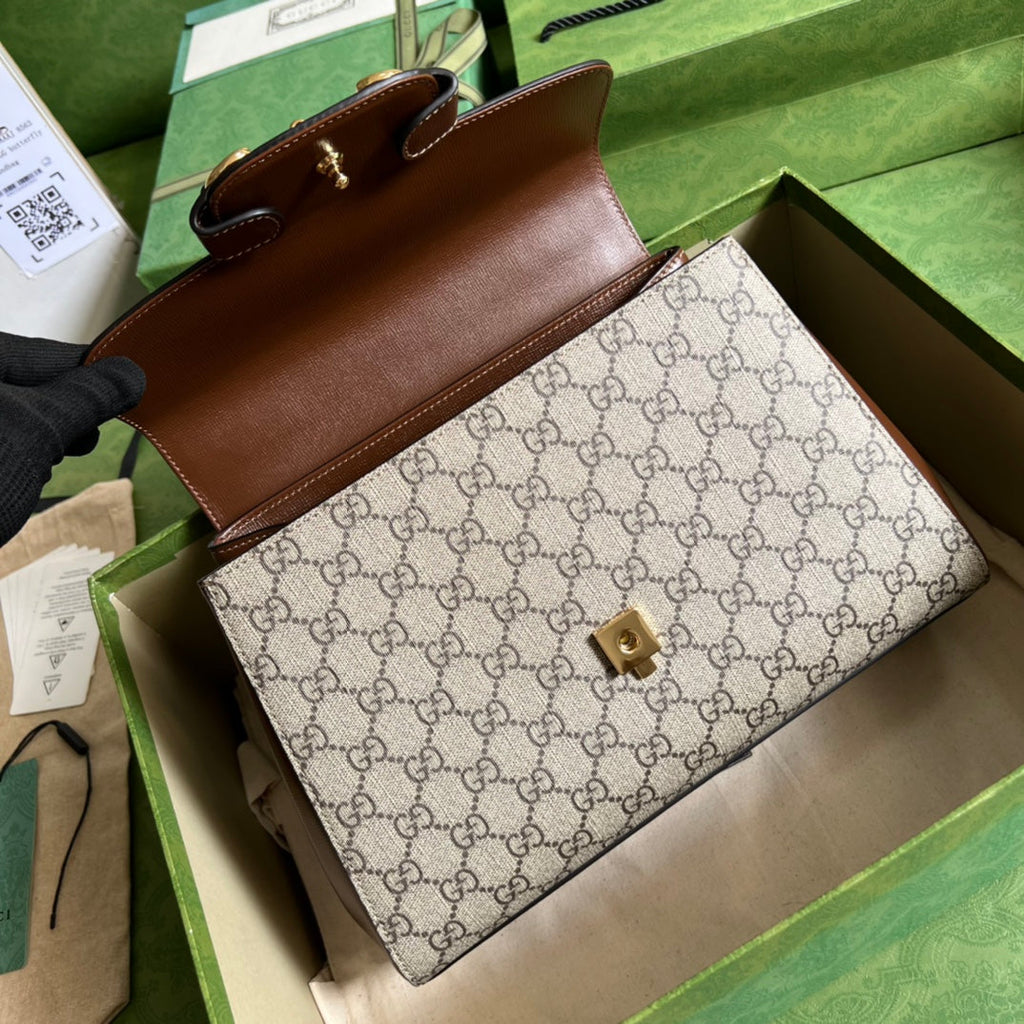 Gucci Horsebit 1955 Medium Ophidia and Brown Leather Handbag